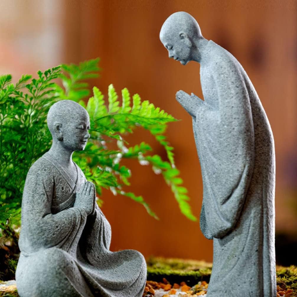 Happyyami Bonsai 2pcs Stone Monk Figurines Zen Buddha Statues Standing Monk Sculptures for Outdoor Landscape Garden Decoration Light Grey Miniature Figurines Miniature