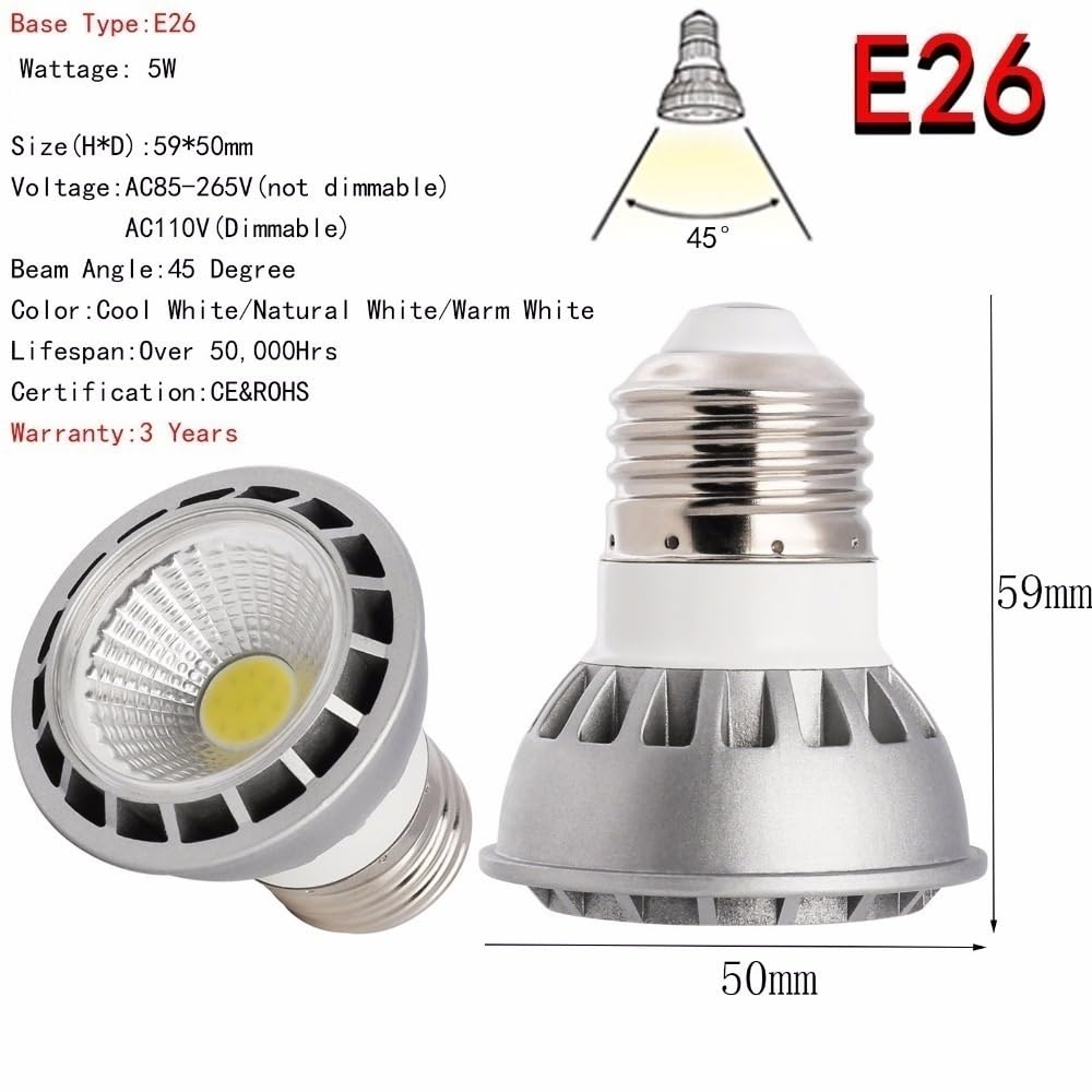Luci, Confezione da 5, faretti LED COB AC85-265V 5W E27/E26/GU10/MR16, lampadine COB, lampadine per Uso Domestico
