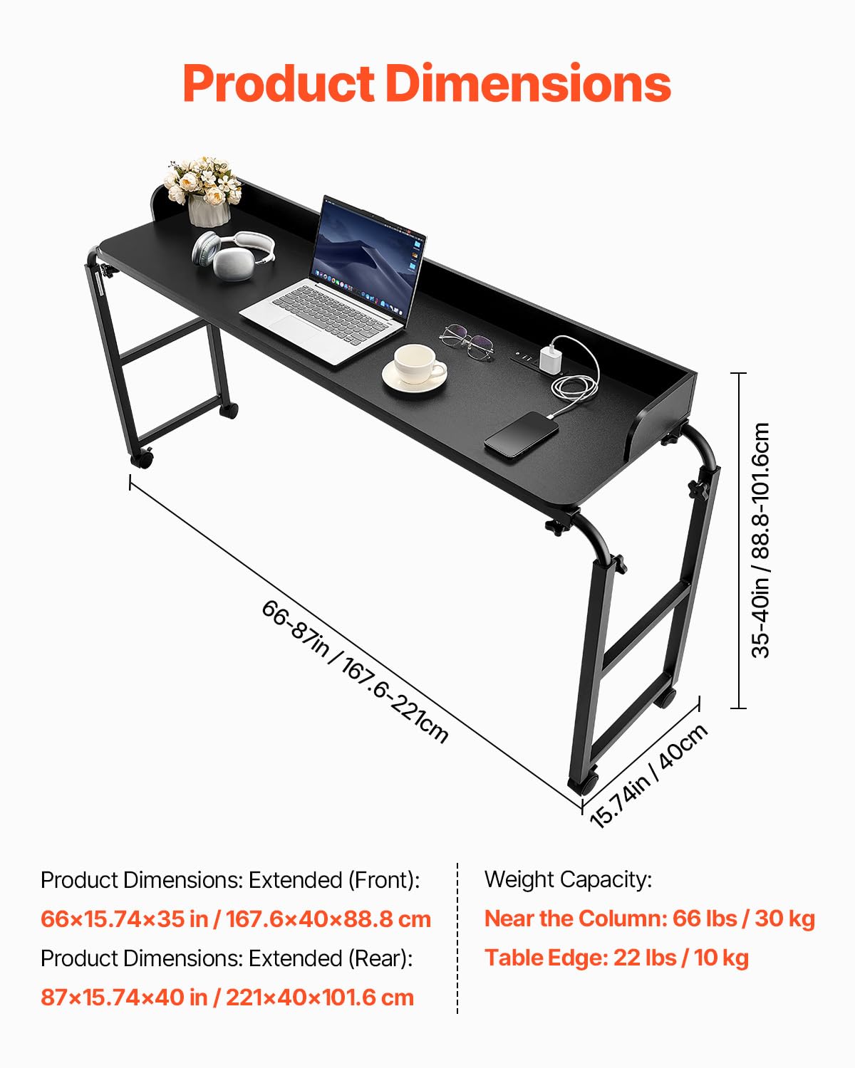 VEVOR Table de lit Mobile, Table d'appoint avec 4 roulettes (Dont 2 avec Freins) et Prise de Courant, Bureau au-Dessus du lit réglable en Hauteur, en Panneaux de Particules, pour Maison, Bureau, Noir