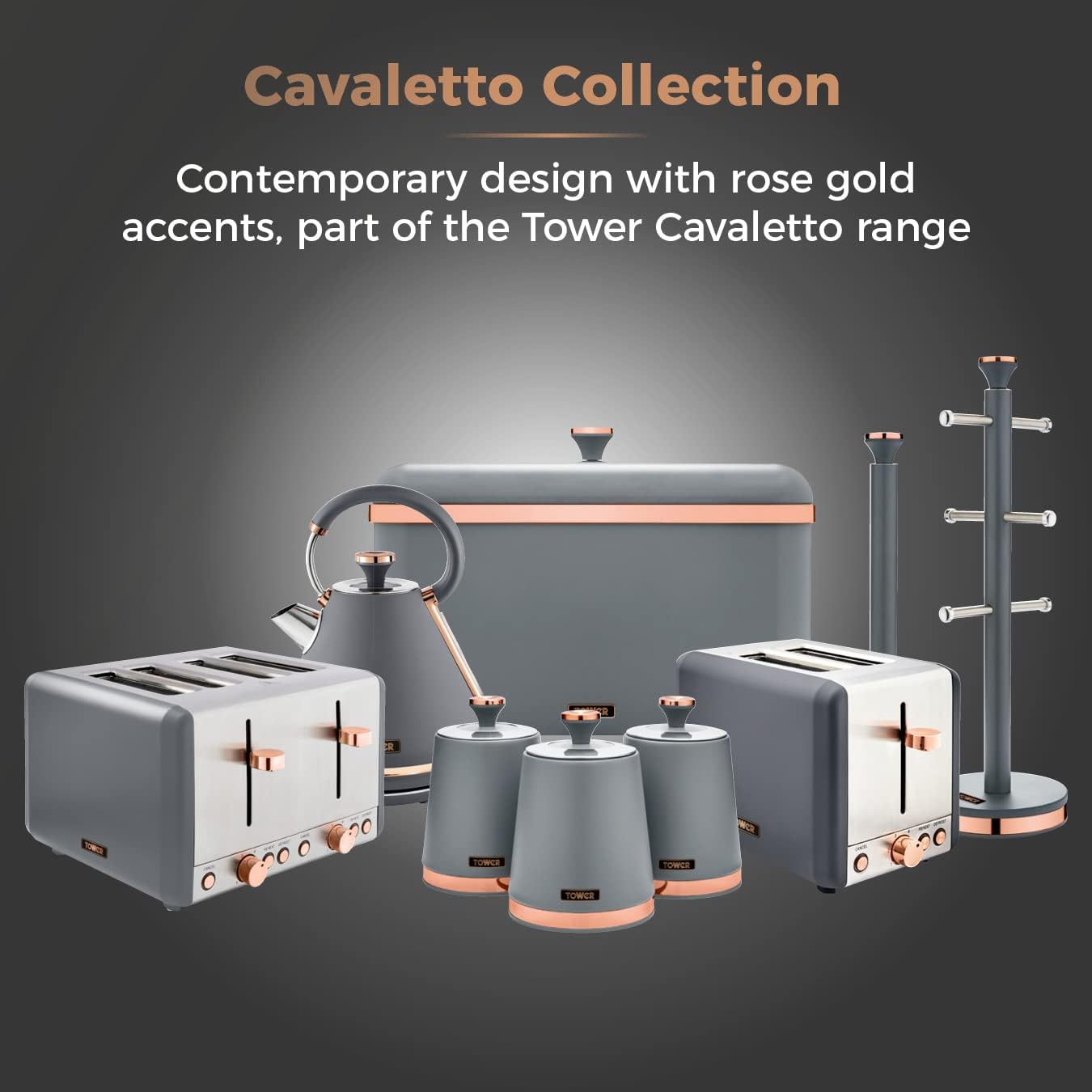 Tower T826133GRY Cavaletto Towel Pole Kitchen Roll Holder with Soft Underliner, Grey and Rose Gold