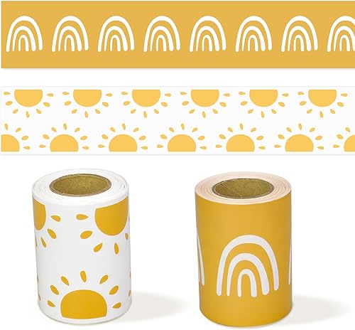 Bordes bohemios para tablón de anuncios, bordes decorativos con temática de sol arcoíris de 65 pies, decoración de aula y oficina