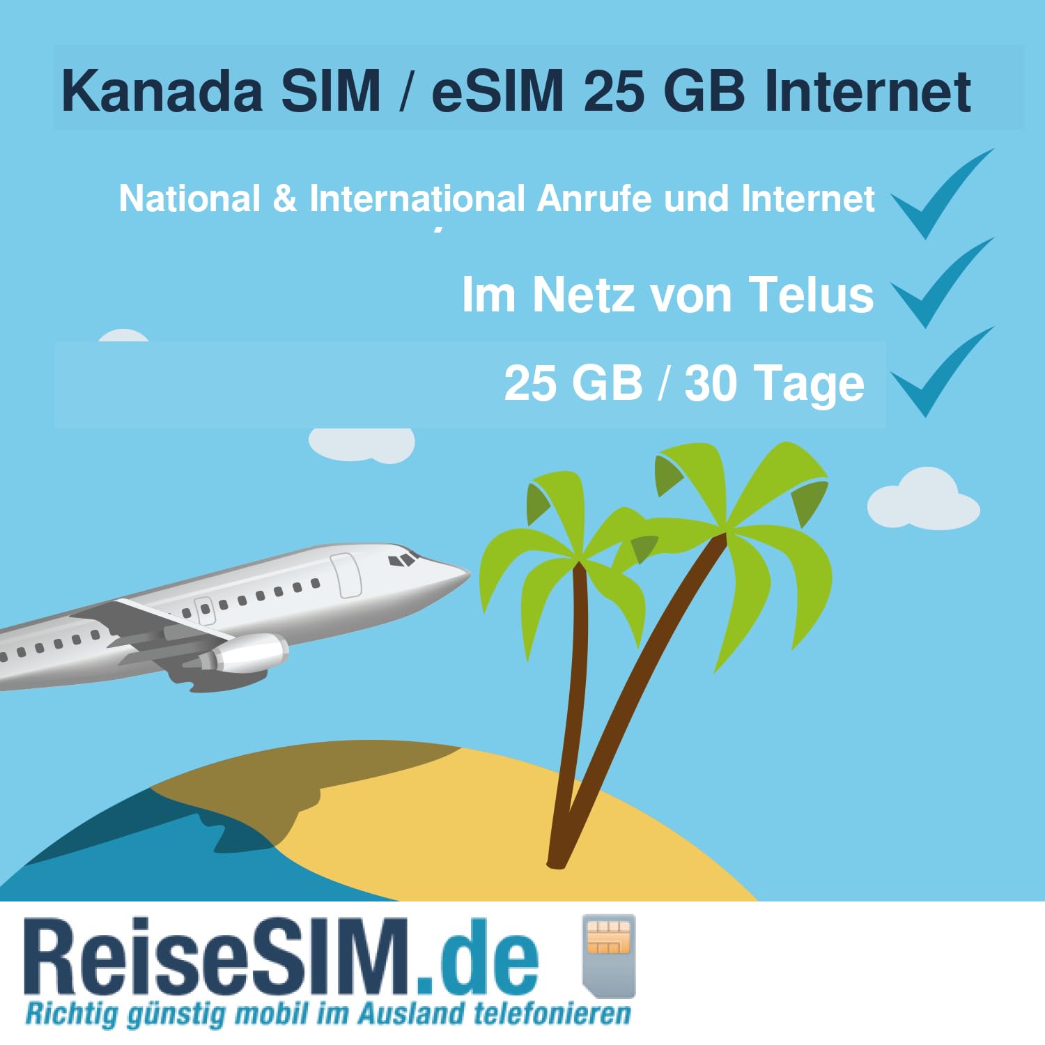 ReiseSIM.de Carte SIM Canada et eSIM avec téléphone, numéro d'appel canadien, 7-60 Go Internet, 10-30 jours (25 Go/30 jours, eSIM (code QR))