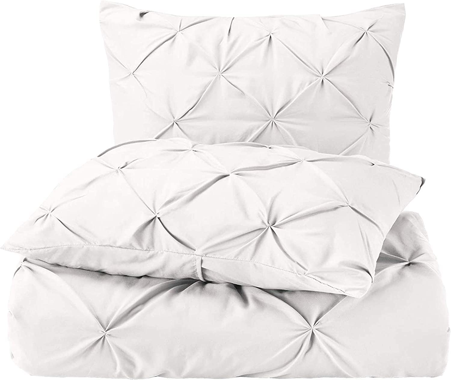 Pinch Pleat PinTuck 5 Piece Duvet Cover Set - 100% Egyptian Cotton Quilt Covers Bedding, 300 Thread Count Diamond Bedding Set with Zipper Closure Hotel Quality - White Solid, Single Size.