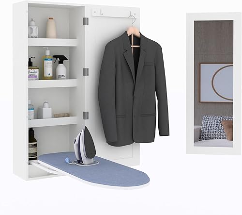 Facilehome Gabinete de tabla de planchar para montar en la pared, plegable con espejo, color blanco