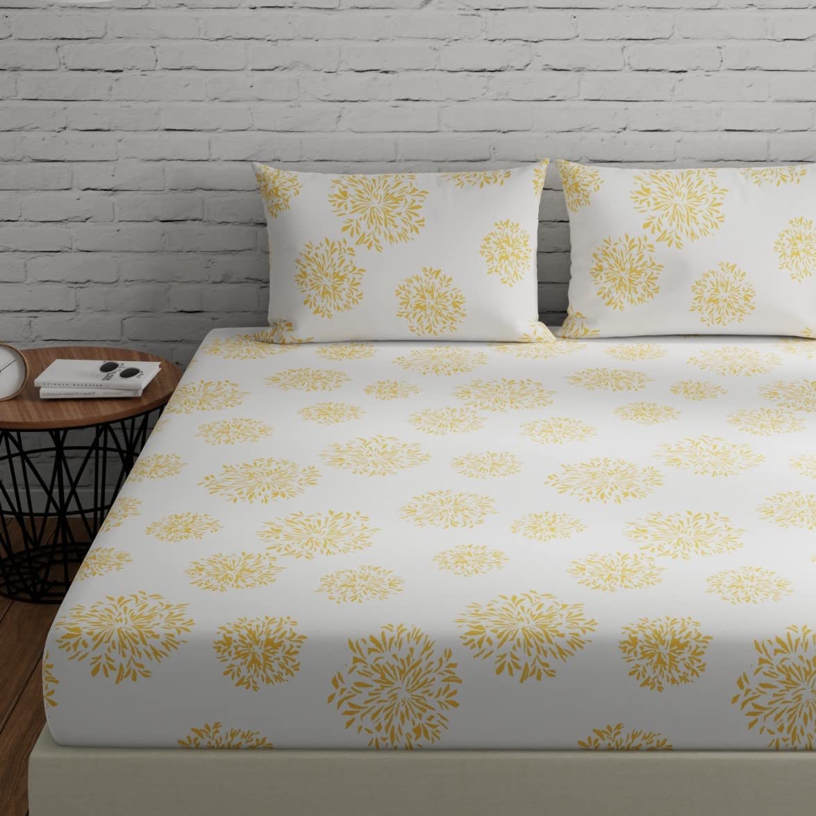 Huesland by Ahmedabad Cotton 144 TC Cotton Bedsheets for King Size Bed with 2 Pillow Covers | White (Yellow Print) | 9ft x 9ft