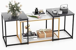 COSTWAY Nesting Table Set of 3, Modern Faux Marble Coffee Table Sofa Side Table, Metal Frame Stackable Accent Snack Tea End Tables for Small Space, Living Room and Bedroom