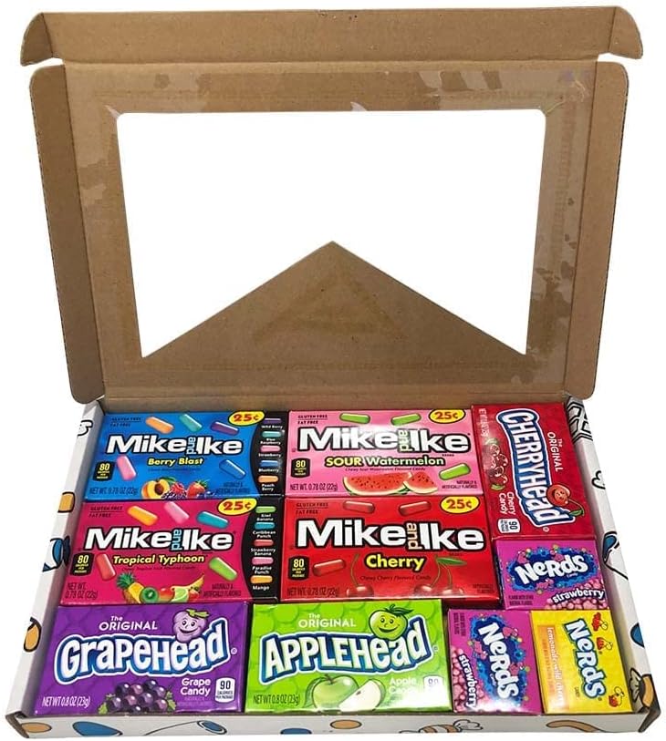 Picaboxx American Mixed Sweets Selection Gift Hamper Variety Box ★ 10 Products Premium Pack ★ American Candy Hamper ★ Sweet Gift Box with Display Window ★ Mike & IKE ★ Ferrara ★ Nerds ★ Dentyne
