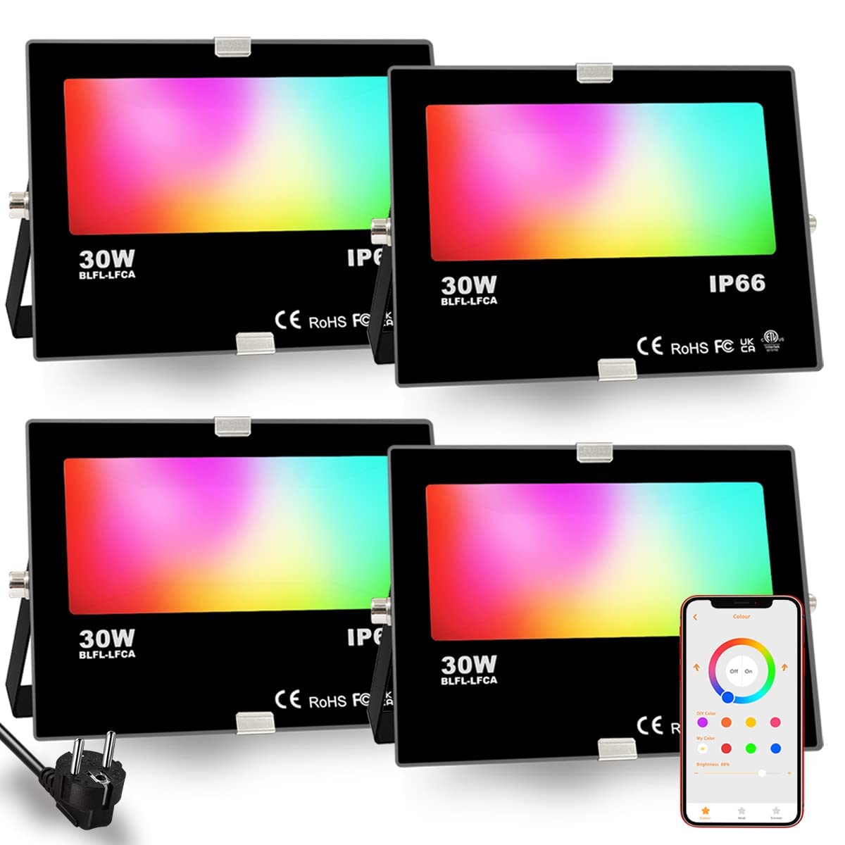 RGB LED-spot voor buiten, 80 W, Bluetooth, app-besturing, schijnwerper, 2700 K en miljoen kleuren, dimbaar, smart verlichting, IP66 waterdicht, buitenspot