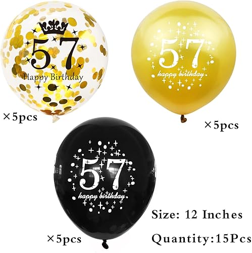 Miniatura 5 de SHUNTAI Globo de cumpleaños número 57 dorado y negro, decoraciones de cumpleaños 57 para hombres y mujeres, globos de látex con confeti de 57 años,