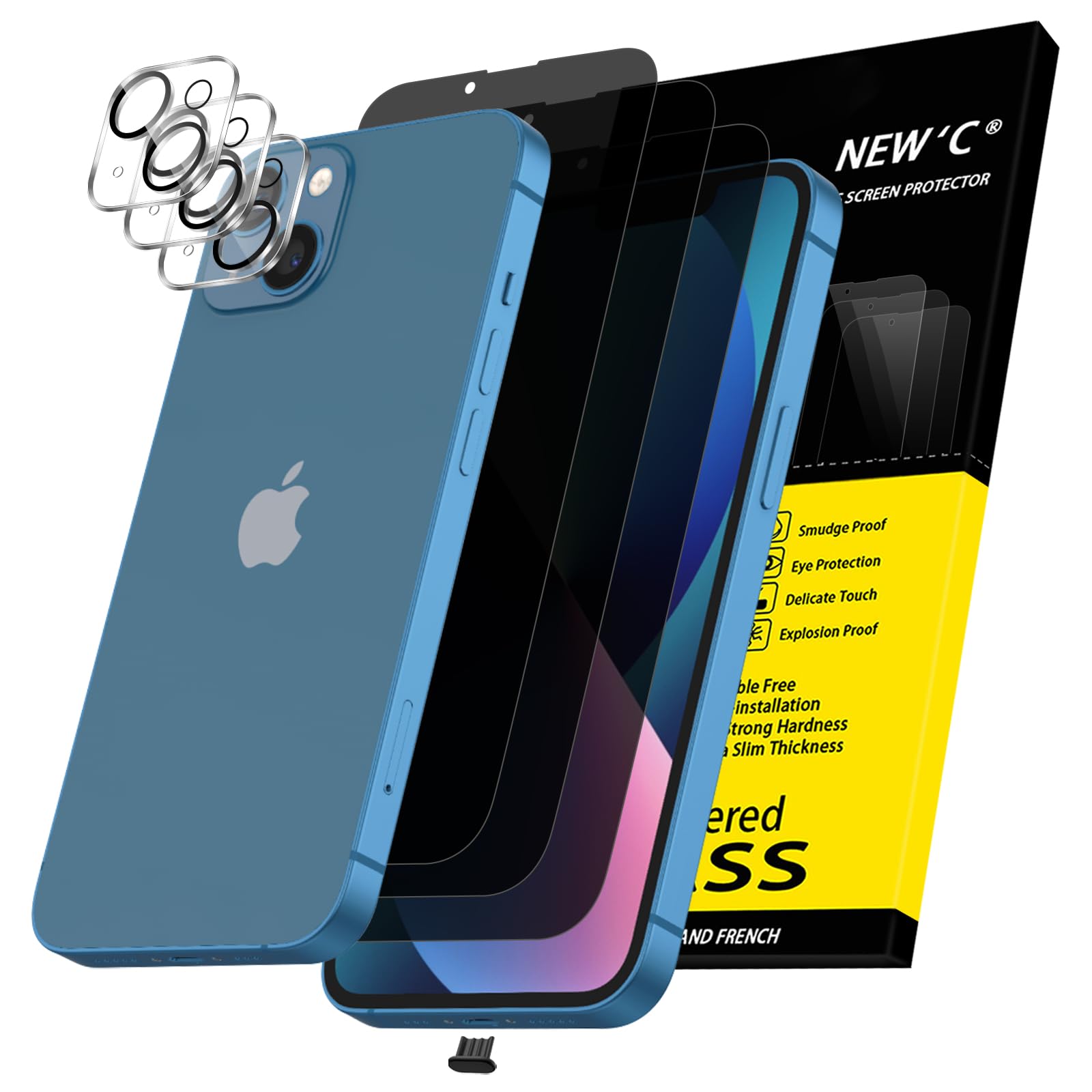 NEW'C 3x Privacy for iPhone 13 Screen Protector (6.1 inches)+ 3x Camera Lens Protector, Sensor Protection, Case Friendly Tempered Glass Film + Dust Plug- Enhanced Privacy Angle of 28 Degrees