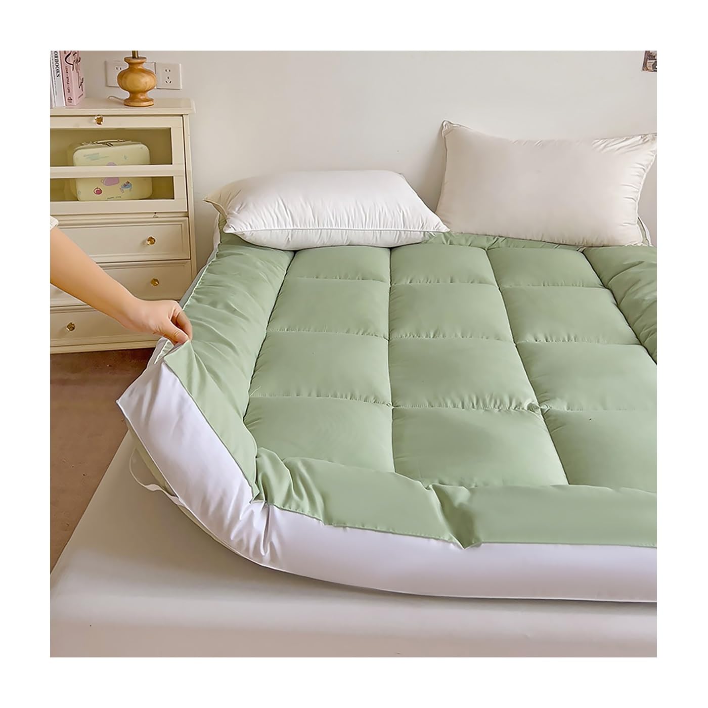 OBONG Matratzentopper 90x200cm/140x200cm/200x220cm Gewaschene Baumwolle Matratzen-Topper Ultra Soft Sojafaserfüllung Matratzenauflage 10cm Höhe Mit Bändern(B,TWIN-90X190cm)
