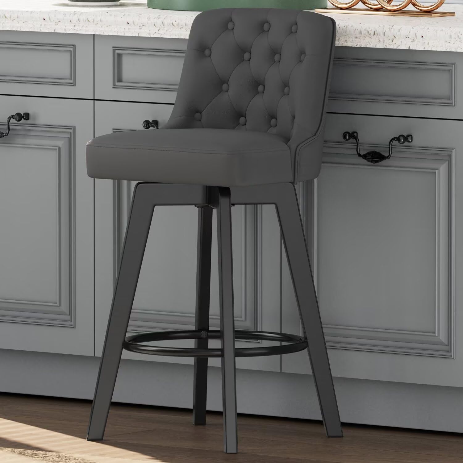 MINCETA Bar Stool, PU Leather Barstool, 30 Inch Upholstered Counter Stool with Low Tufted Back and Footrest, Swivel Counter Height Barstool for