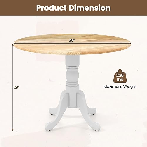 Miniatura 11 de COSTWAY Mesa de comedor redonda para 4, mesa de cocina de 39 pulgadas con marco de madera de goma maciza, almohadillas ajustables para los pies,
