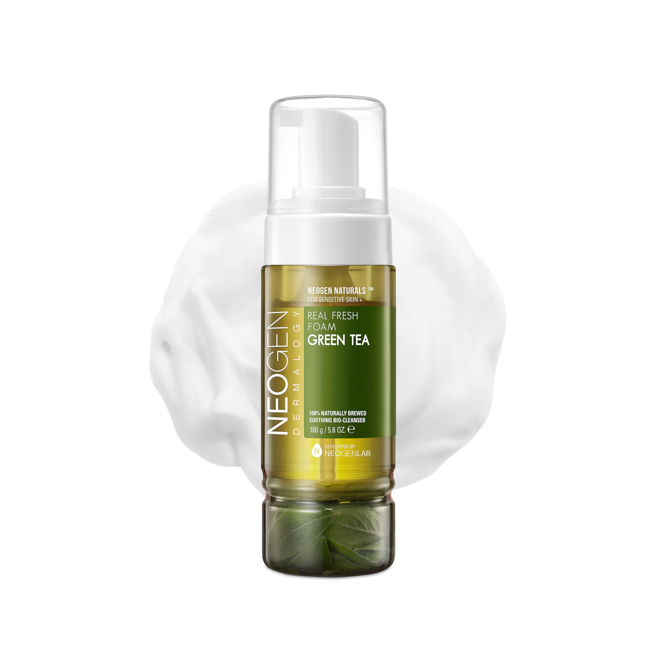 DERMALOGY by NEOGENLAB Real Fresh Foam Cleanser, Green Tea 5.6 Fl Oz (160g) - Soothing & Hydrating Gentle Cleansing Foam with Real Green Tea, Clean Beauty - Korean Skin Care