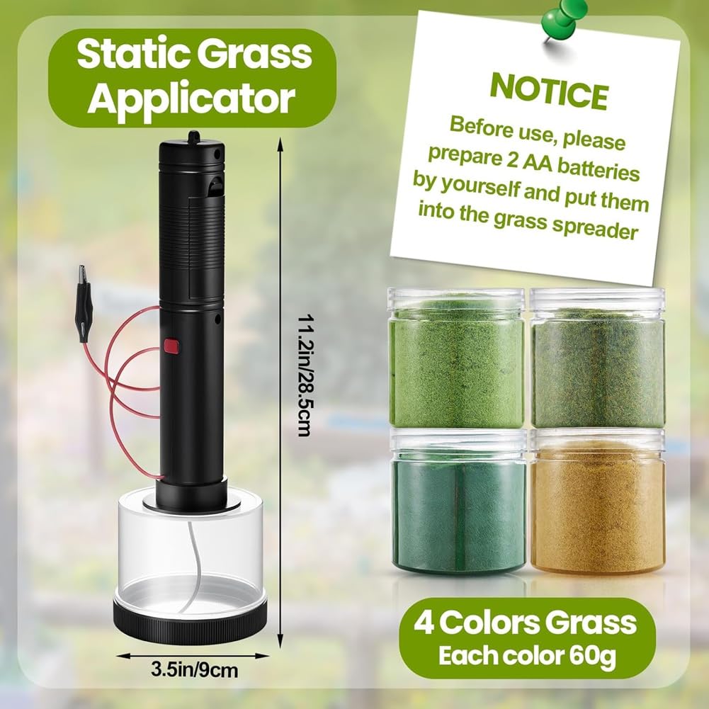 Aplicador de Césped Estático con Antideslizante y 4 X 60 G de Césped de Colores para Modelismo Ferroviario, Paisajismo y Manualidades.