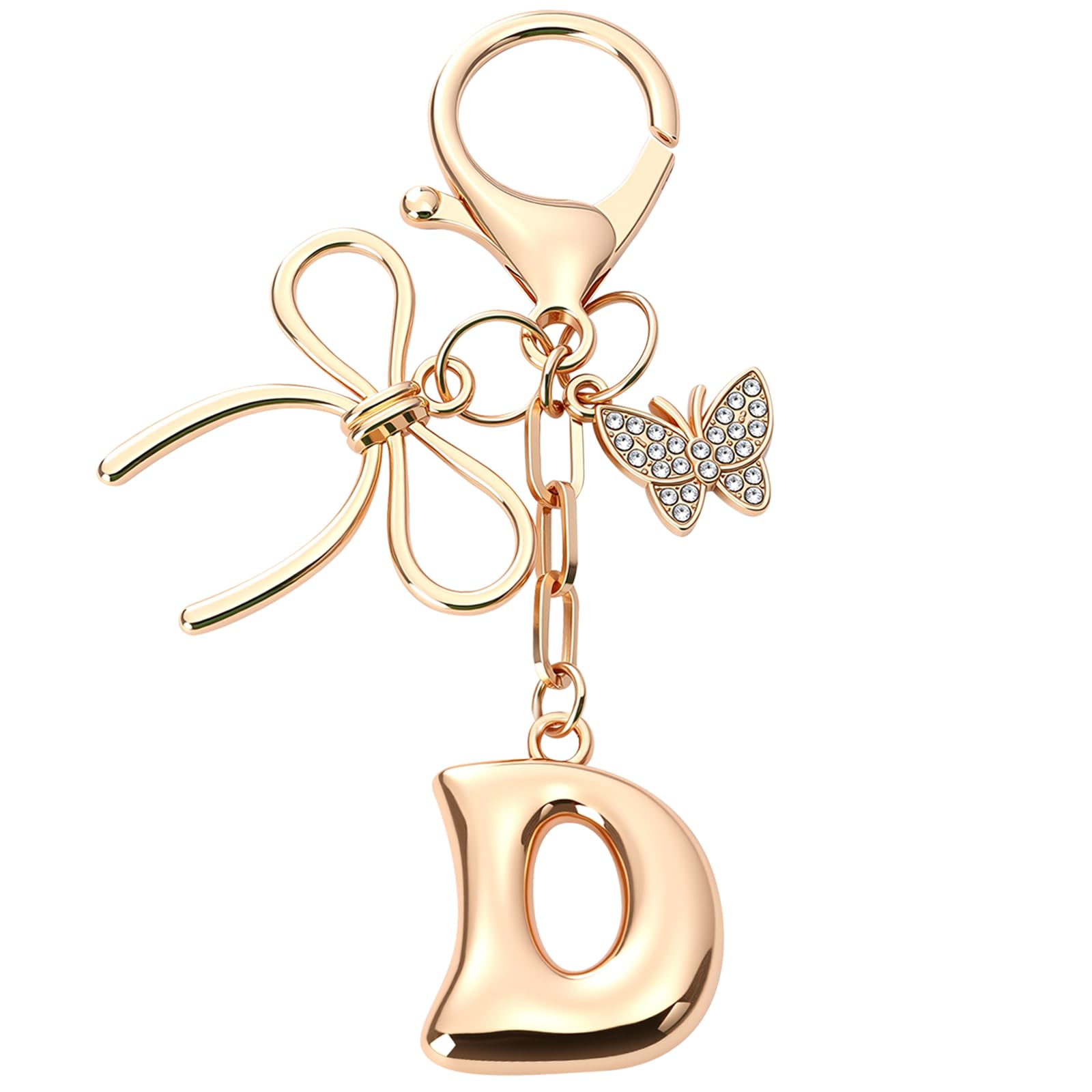 Sylixonae Bubble Initial Keychain with Bow & Butterfly - Gold Letter Bag Charms for Women, Cute Purse Handbag Accessories