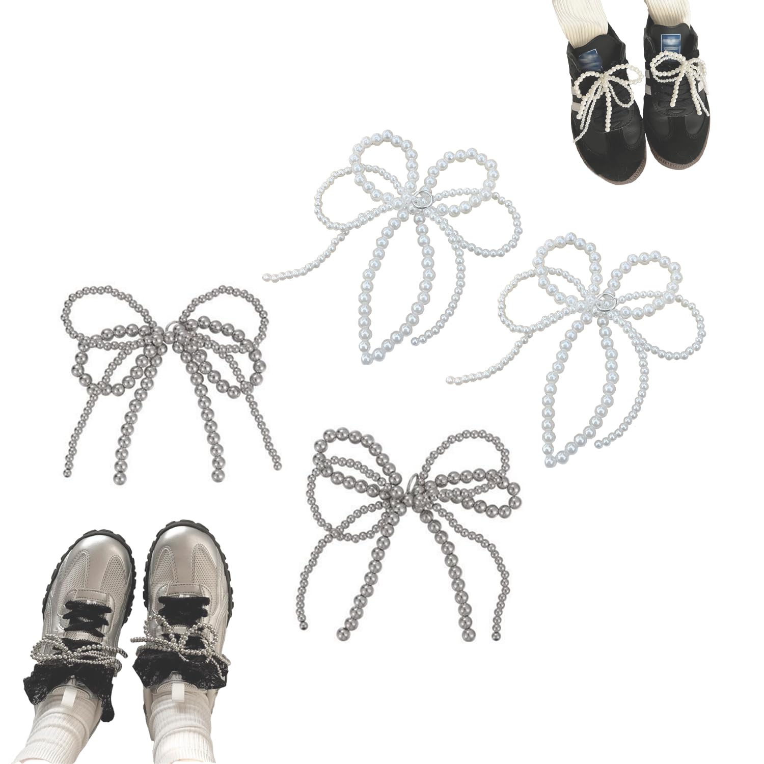 2 Pcs Pearls Bow Shoe Charms for Sneakers, Elegant DIY Shoe Lace Decoration, Buckle Pearl Beaded Chain Accessories for Women, Dress Shoes, Wedding