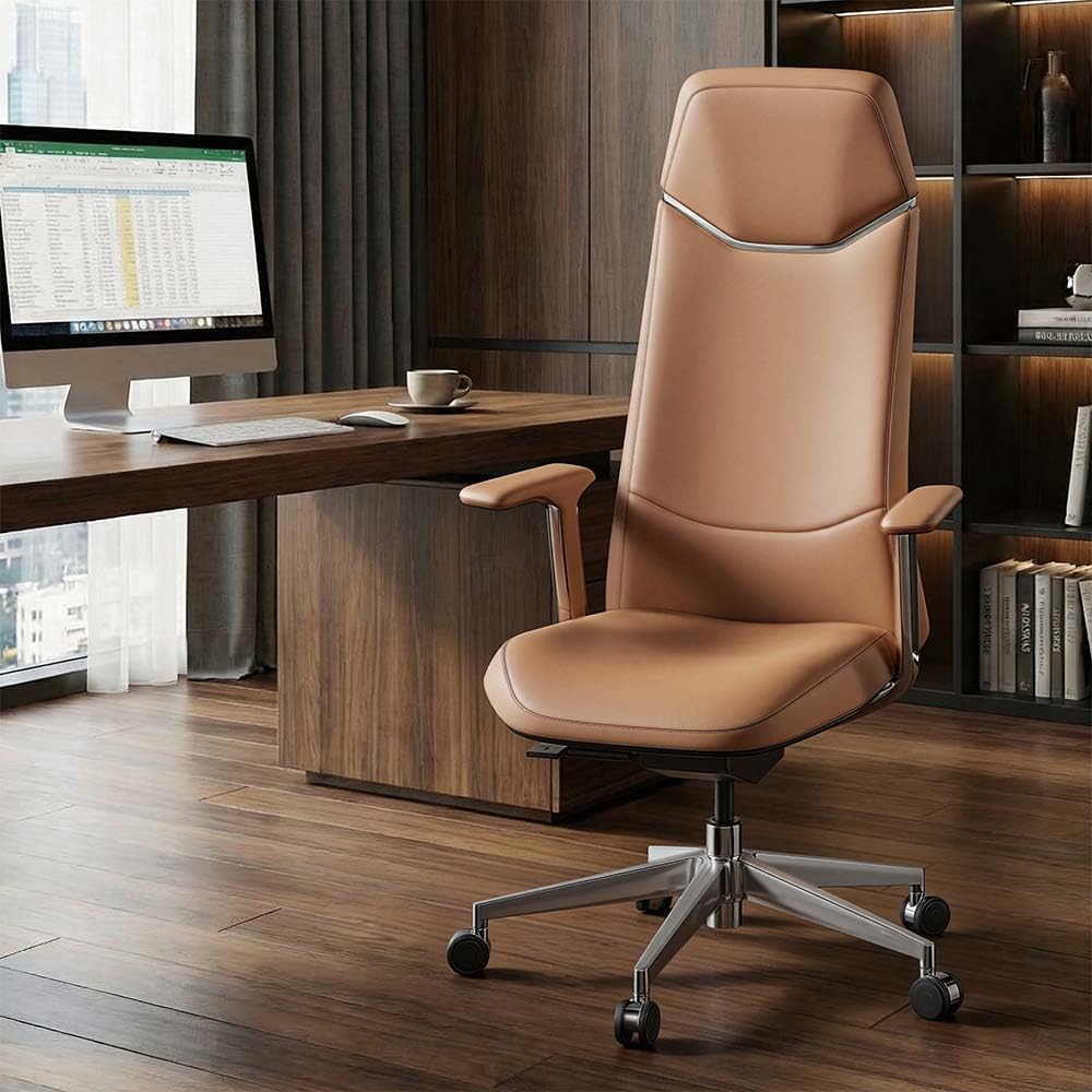 OMIDI Neris Executive Office Chair -Leather Ergonomic Desk Chair with 127° Recline, Lumbar Support for Manager and Home Office, High-Back, Brown