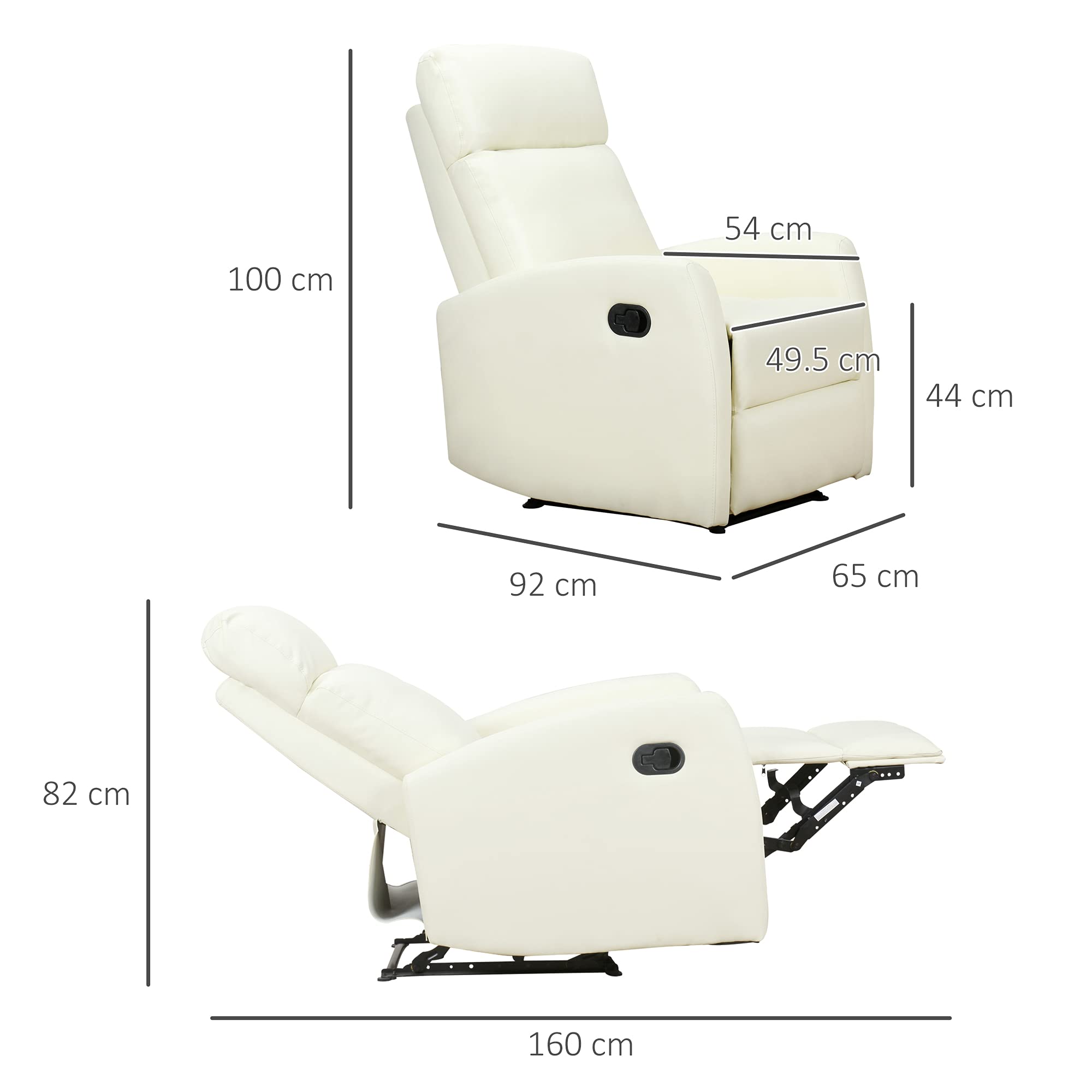 HOMCOM Poltrona Relax Reclinabile 165° con Poggiapiedi Regolabile Ergonomica in pelle PU, 65 × 92 × 100cm Crema