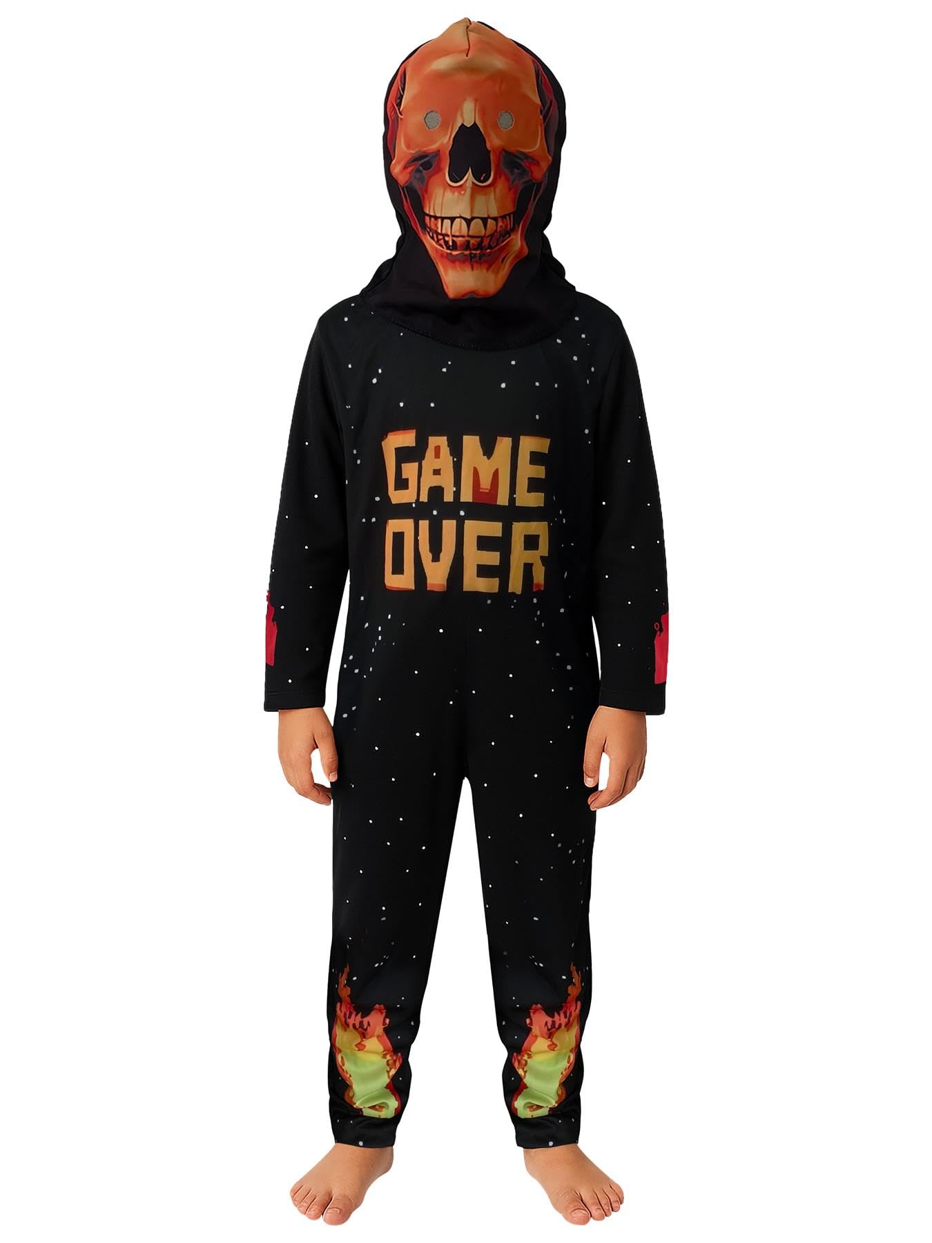 A2Z 4 Kids Kostium szkieletu dla chłopców i dziewcząt, kostium na Halloween, fantazyjna sukienka z czaszką, maska z kapturem, upiorny gracz, cosplay, kombinezon na imprezy typu cukierek albo psikus