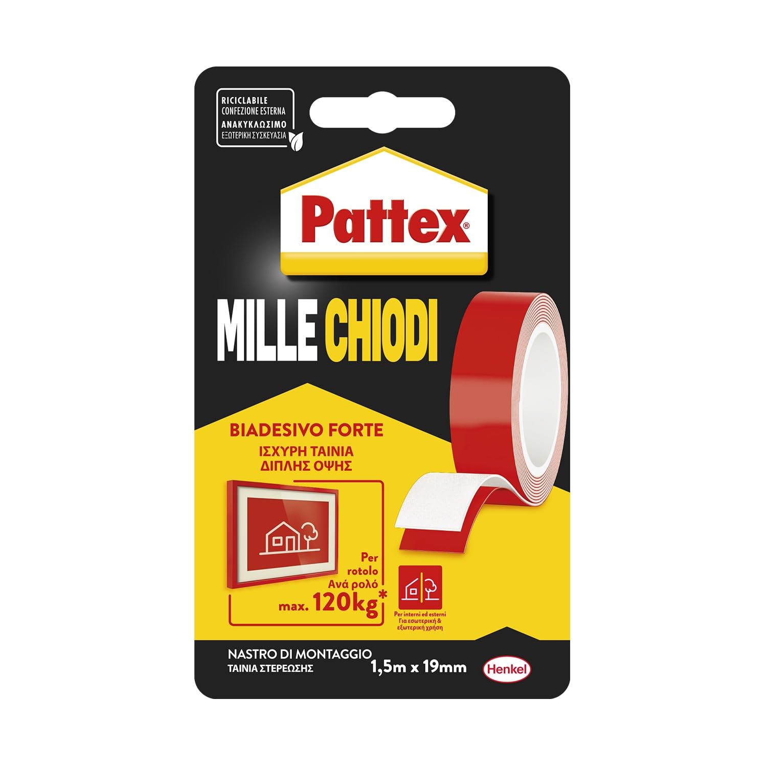 Pattex Millechiodi Tape, Nastro biadesivo extra forte per applicazioni permanenti, Nastro adesivo di montaggio per interni ed esterni, 19 mm x 1,​5 m