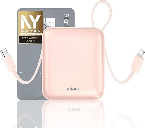 VINKO Banco de energía de 10000 mAh, cables integrados, carga rápida con pantalla LED, batería de viaje pequeña con cables, artículos esenciales
