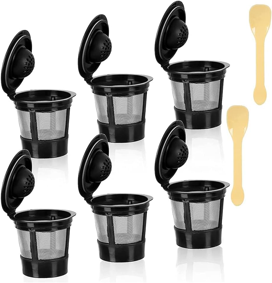 再利用可能 K カップ コーヒーフィルター キューリグ用 6個セット ステンレスメッシュ 詰め替え可能 ブラック スプーン2本付き