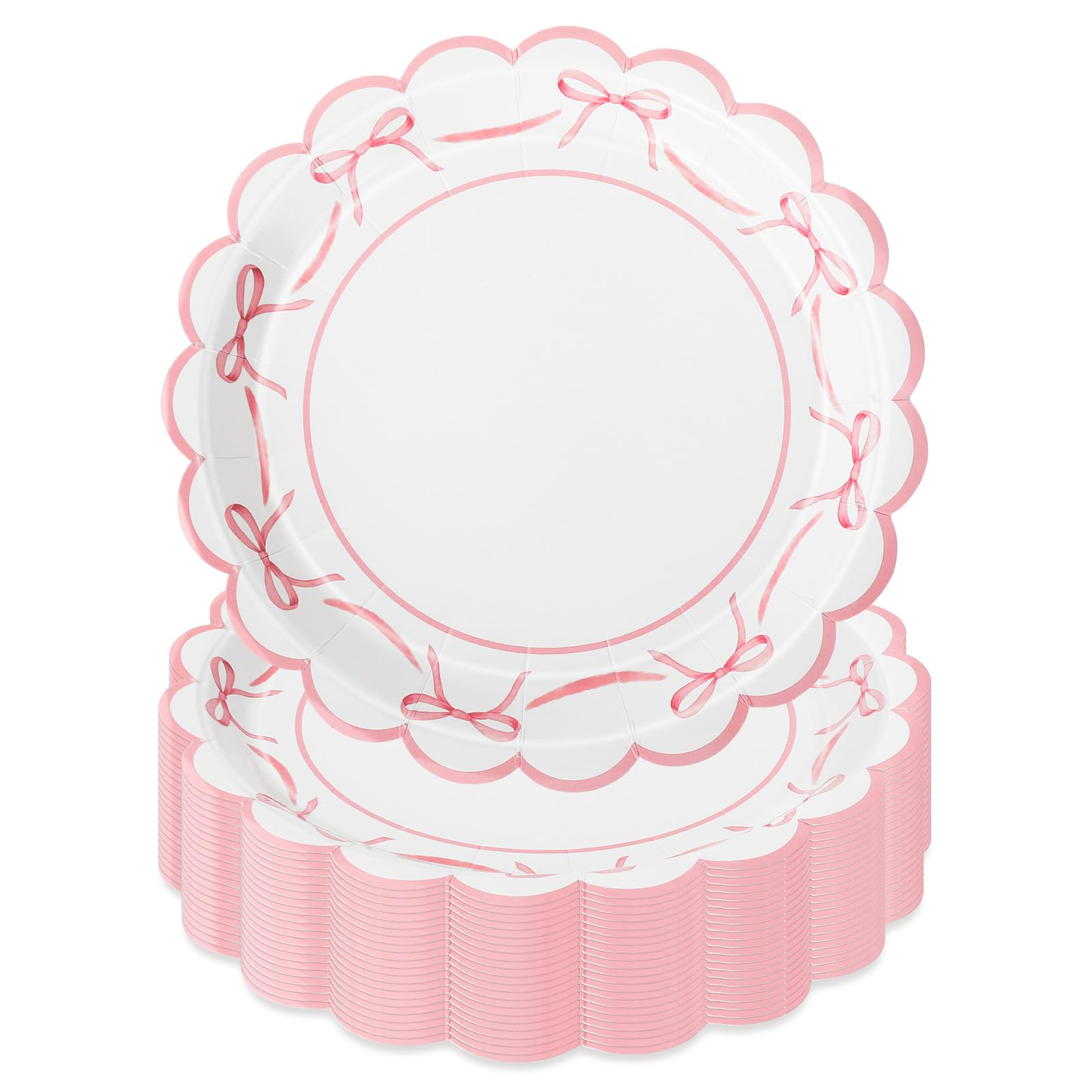 50Pcs Pink Bow Paper Plate Scalloped Bowknot Disposable Plate 9 inch Decorative Dinner Plate for Birthday Party Table Decor