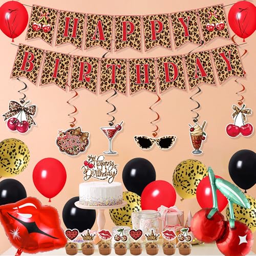 Image of Holkcog Cheetah and Cherry Birthday Decorations,Red Leopard Birthday Banner | Red Black Cheetah and Cherry Print Background, Cherry Cupcake Top, Red Leopard Pattern Party Supply for Girls Women