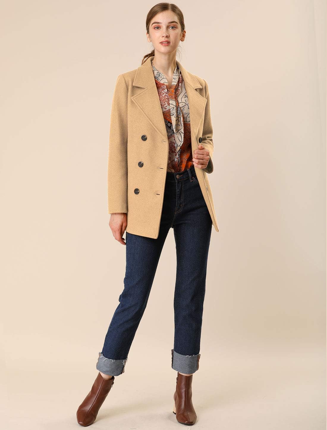 Allegra K Women's Winter Coats Long Sleeve Lapel Mid-thigh Outerwear Double Breasted Pea Coat - Image 4