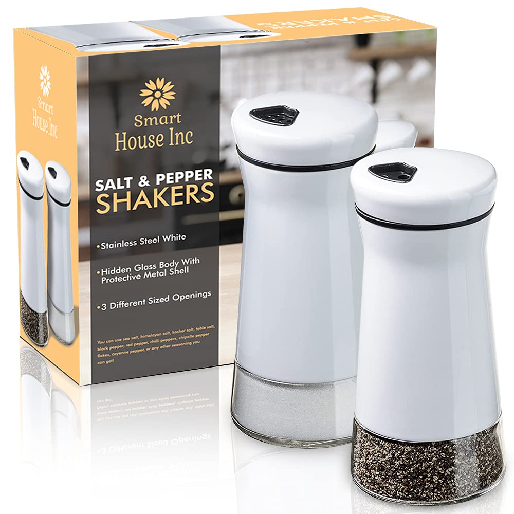 Salt and Pepper Shakers - Spice Dispenser with Adjustable Pour Holes - Stainless Steel & Glass - By Smart House Inc (2, White)