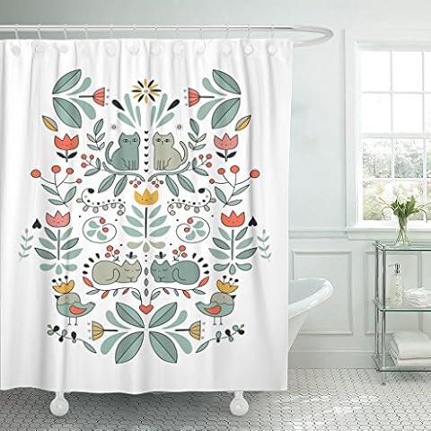 Emvency Shower Curtain Funny Swedish Folk Cartoon Cats Birds and Flowers Ethnic Waterproof Polyester Fabric 72 x 72 Inches Set with Hooks Cover