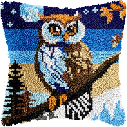 Image of veirousa Owl Latch Hook Kits for Adults, Beginners DIY Throw Pillow Kit, Birds Pre-Printed Mesh Canvas Rug Set Cross-Stitch Cushion Cover for Home Sofa Decor & Gift Idea 17x17 Inch