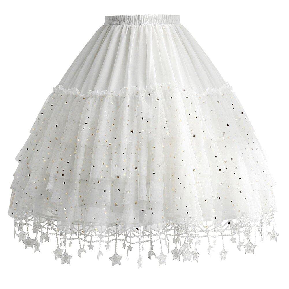 Wudaizhi Girls White Lace Petticoat Skirt, Elastic Waist Moon Star Lolita Slip, Fishbone Support Cosplay Liner