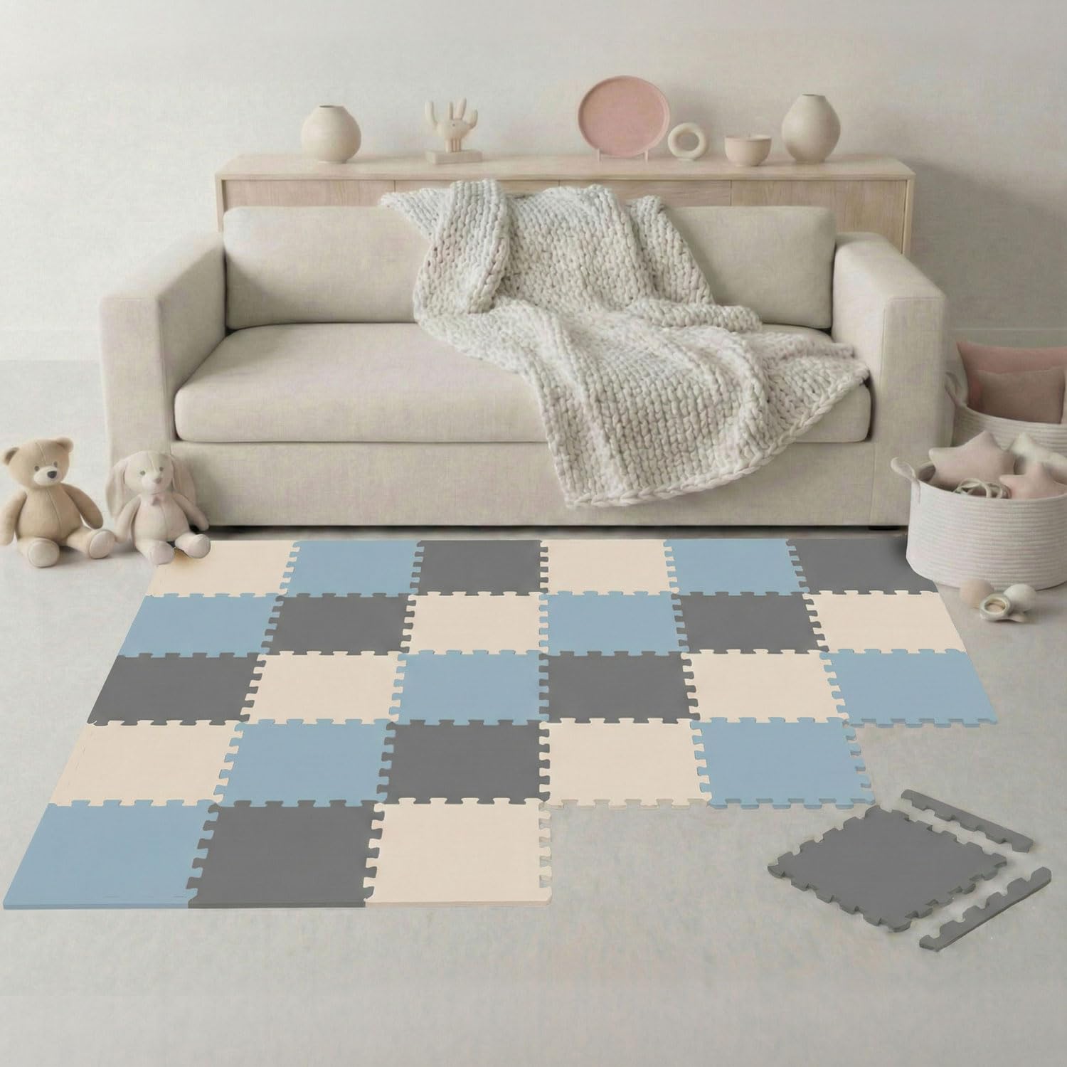 LittleTom 27 Pièces Tapis Puzzle Enfant - Certifié TÜV - 30x30 cm Dalles en Mousse EVA avec Bordures - Surface de Jeu pour l'Éveil - Carrés Puzzle Antidérapants - Revêtement pour Chambre des Petits