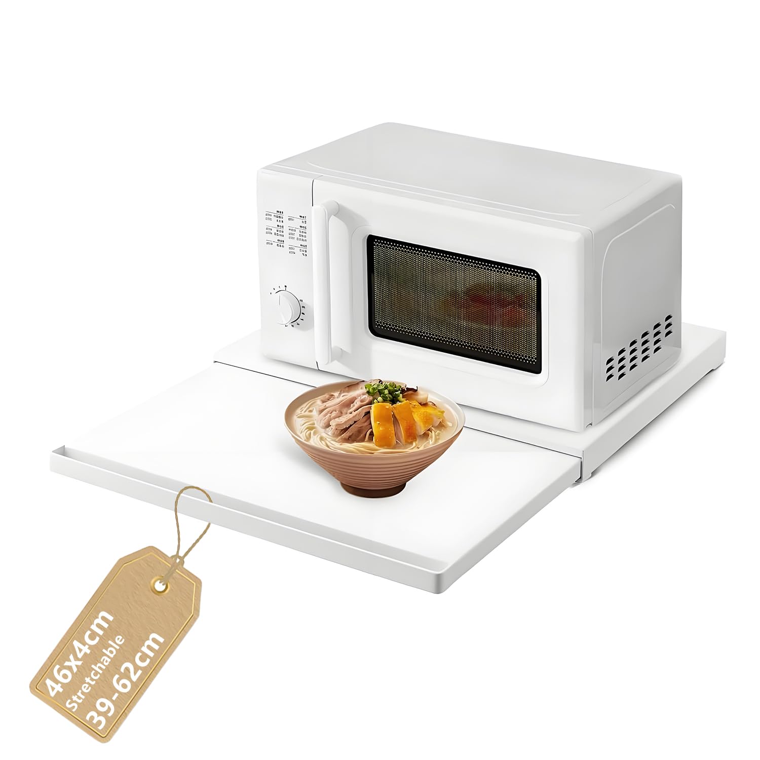Ripiano Estraibile per Microonde, Mensola Cucina Scorrevole da Appoggio, Supporto Microonde in Acciaio al Carbonio con Maniglia, Organizzatore Bianco Countertop Microwave Organizer
