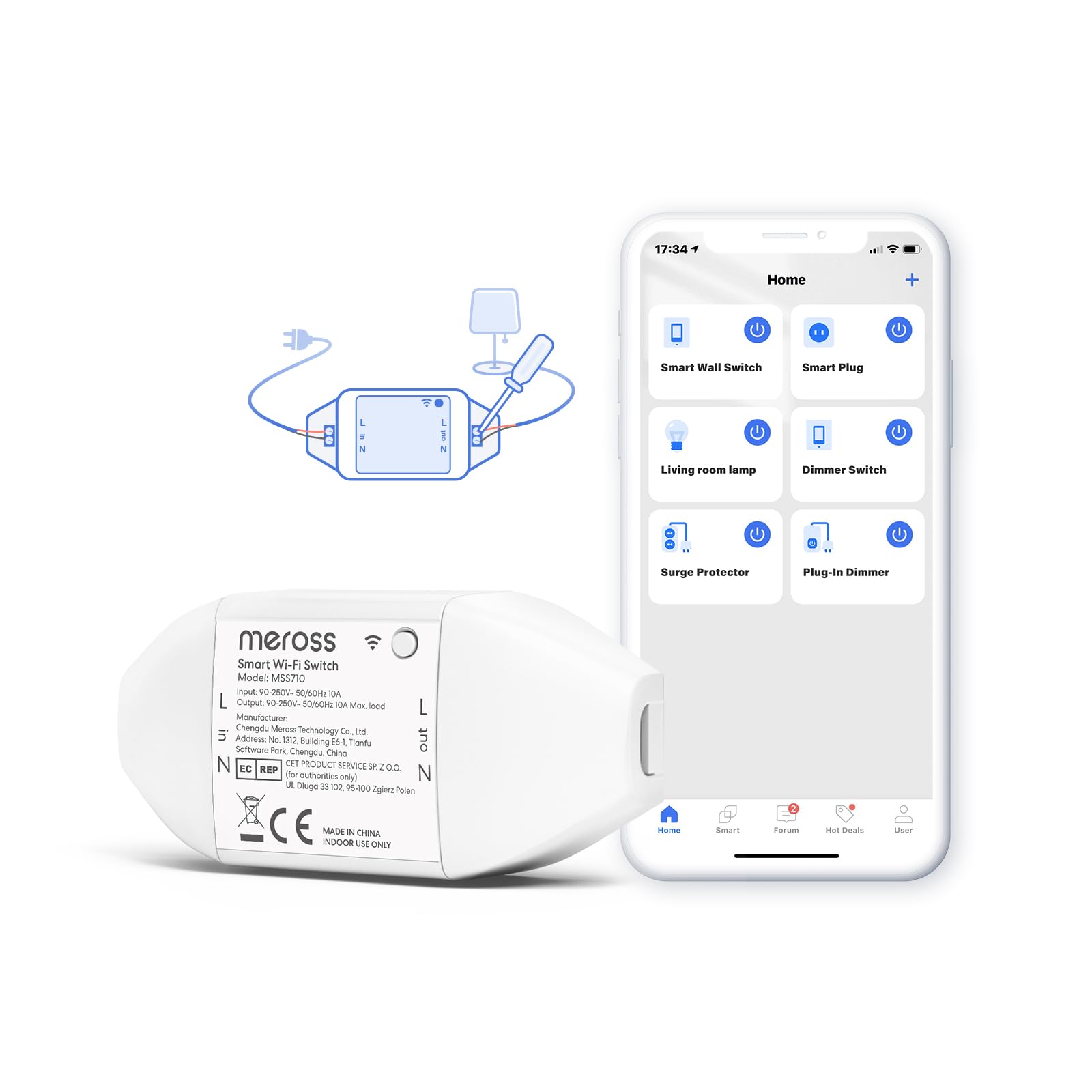 meross Meross Interruptor Universal Inteligente, Interruptor Inteligente 10A DIY Compatible con Alexa, Google Home y SmartThings, Interruptor WiFi con Control de Voz, Control Remoto y Función de Tiempo