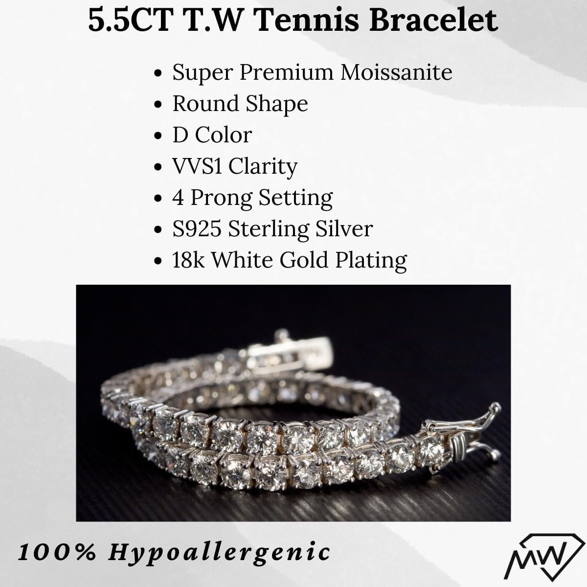 Moissanite Tennis Bracelet - 18K White Gold Plated 925 Sterling Silver, Premium Quality, D Color VVS1 Clarity Round Cut, Secure Clasp, Elegant Gift for Men & Women – Luxury bracelet