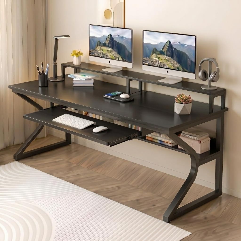 TEKAVO Plik Computer Table for Home Pc | Office Table for Home | Shelf, Moniter Riser & Keyboard Tray, Laptop Table, Worktable, Study Table, Workstation | Black Wood, Metal, (150 Cm x 60 Cm) DIY