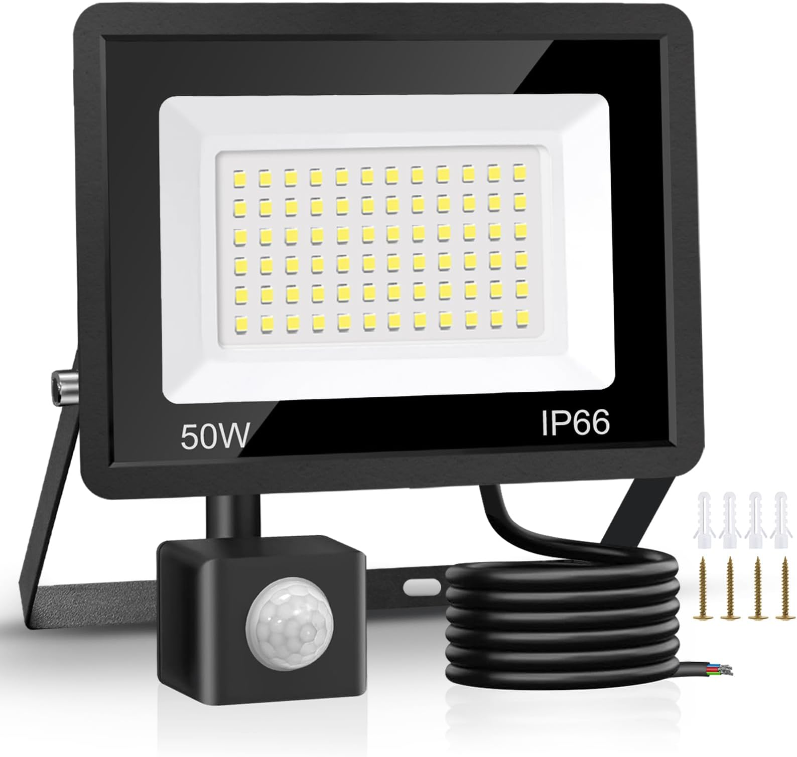 Jsdoin 50W Security Lights Outdoor Motion Sensor 4500 Lumen PIR Security Light 6500K LED Floodlights IP66 Waterproof Outside Daylight Wall Light with 2M Cable for Garage Garden Hallway Backyard