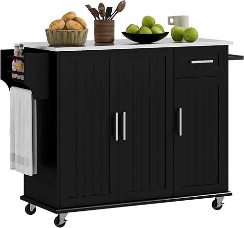 HOMCOM Isla de cocina con almacenamiento, isla de cocina con ruedas con cajón, 3 gabinetes, encimera de acero inoxidable, estante para especias y