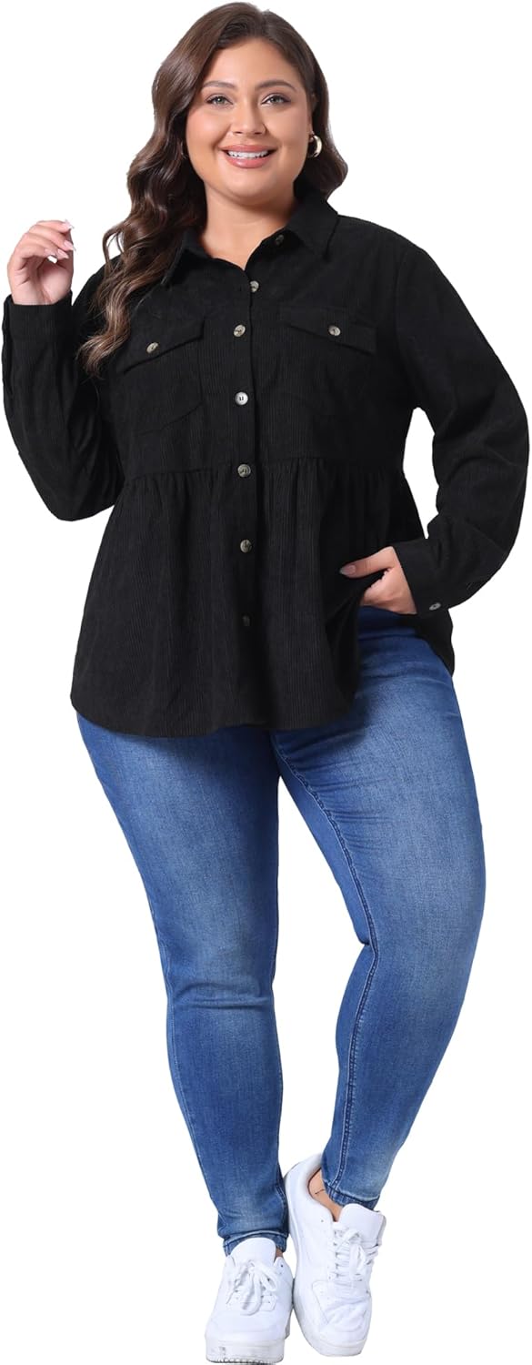 Agnes Orinda Plus Size Corduroy Shirts for Women Peplum Cute Long Sleeve Button Down Blouses with Pockets Tops - Image 3
