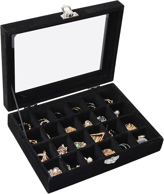 24 Grids Velvet Jewellery Tray, Detachable Jewelry Showcase Box, Earring Storage Box With Compartments, Clear Lid Jewellery Display Box Tray For Ring Brackets Necklace Holder Organizer Tray (Black)