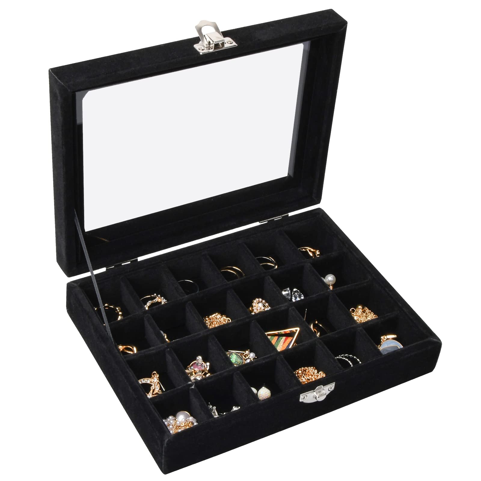 Catime Black 24 Grids Velvet Jewellery Tray, Detachable Jewelry Showcase Box, Earring Storage Box With Compartments, Clear Lid Jewellery Display Box Tray For Ring Brackets Necklace Holder Organizer Tray (Black)