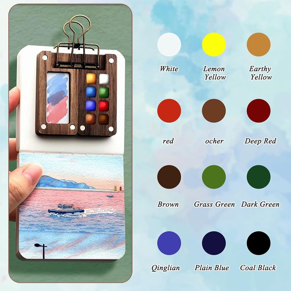Mini Aquarell Set Mit Walnussholz Palette - Komplettset Für Unterwegs Mit Skizzenbuch