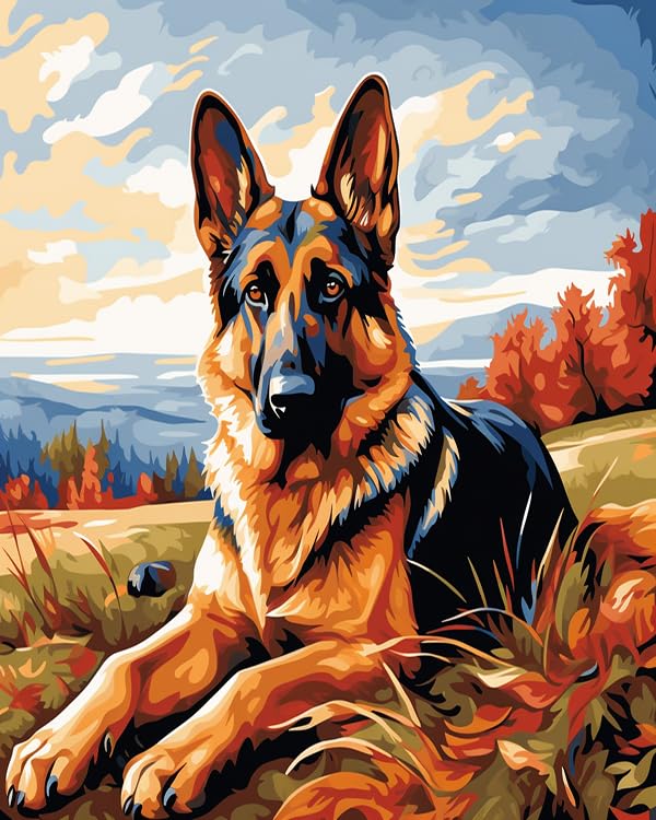 数字油絵 動物 ペイントバイナンバ ジャーマンシェパード 数字塗り絵