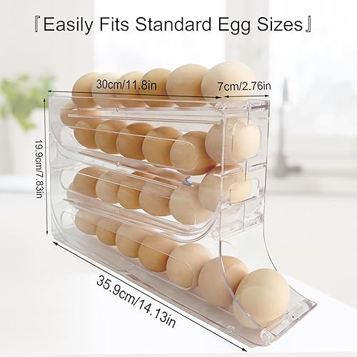 Miniatura 4 de Soporte para huevos para refrigerador, dispensador de huevos de 4 capas, bandeja de huevos con ruedas automáticas, contenedor de 30 huevos, rodillo