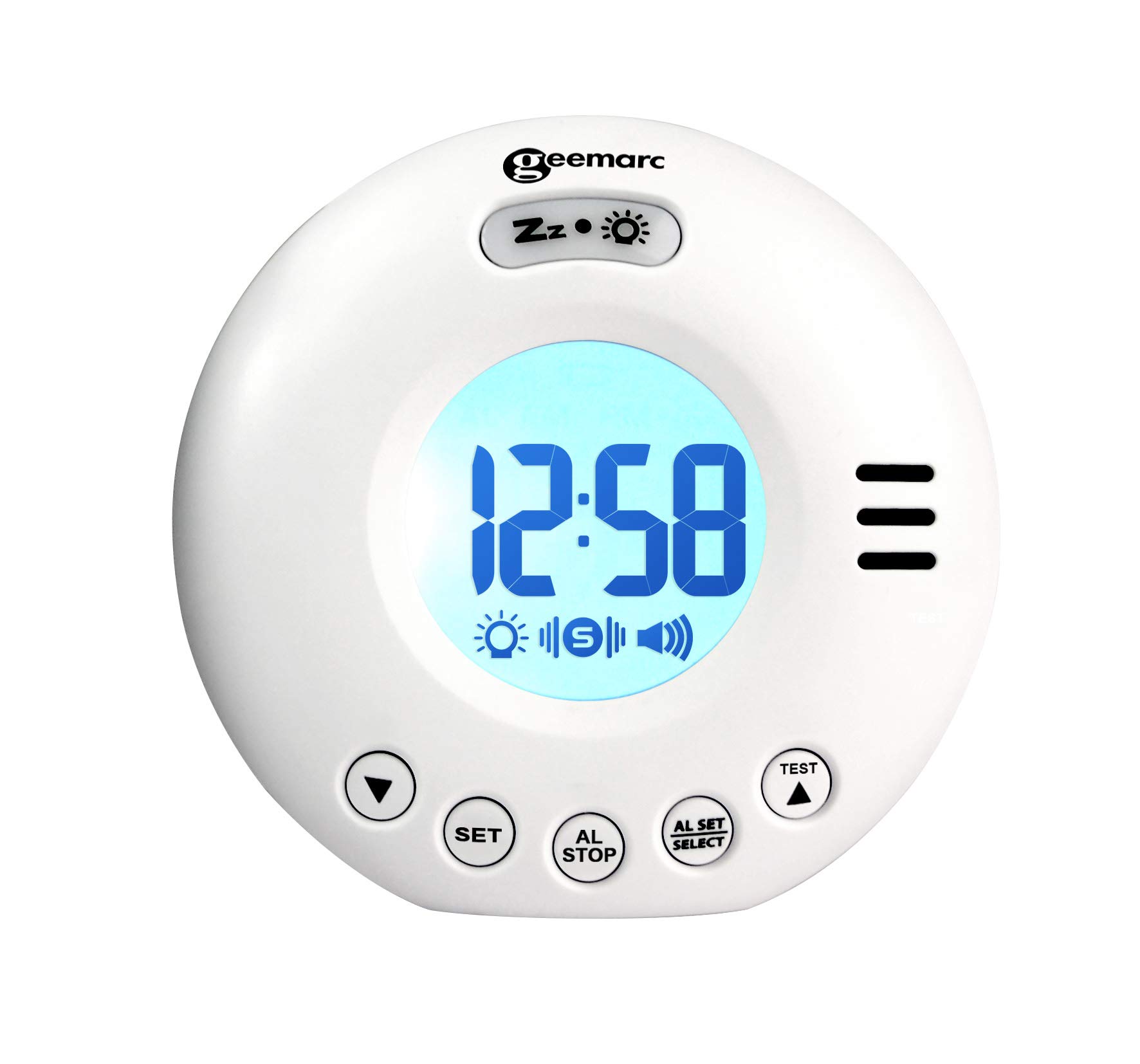 Geemarc WAKE 'N' SHAKE Voyager - Réveil de Voyage avec Alarme Puissante de 75dB, Flash Lumineux et Vibreur Intégré pour Personnes au Sommeil Profond - Fonctionne sur Piles - Blanc