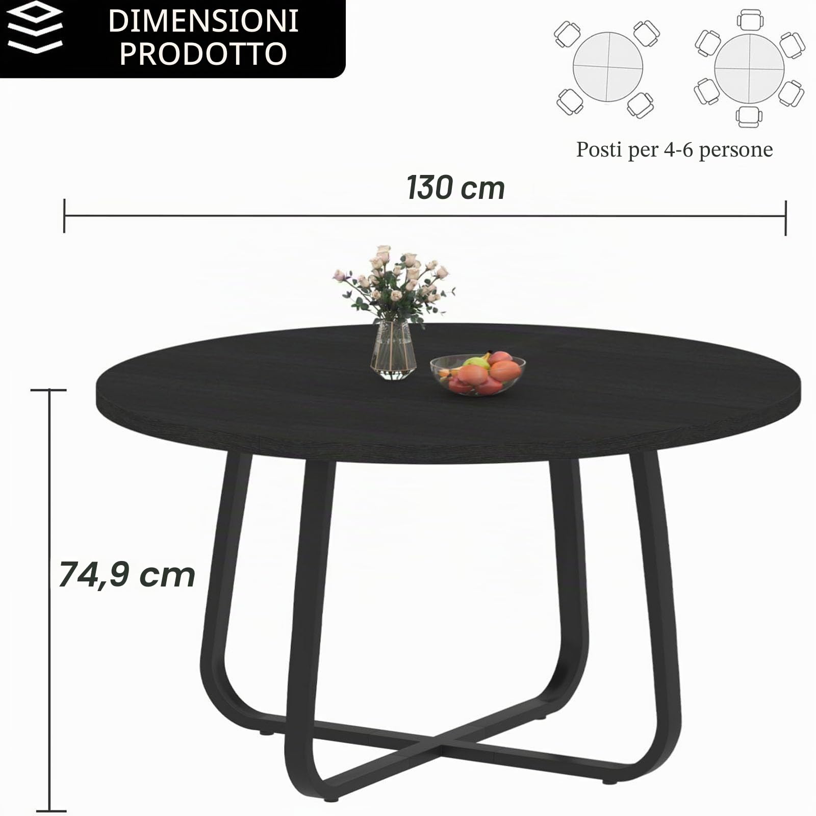 LVB Tavolo rotondo nero, moderno in legno e metallo, tavolo industriale piccolo per sala da pranzo da 4 a 6 persone