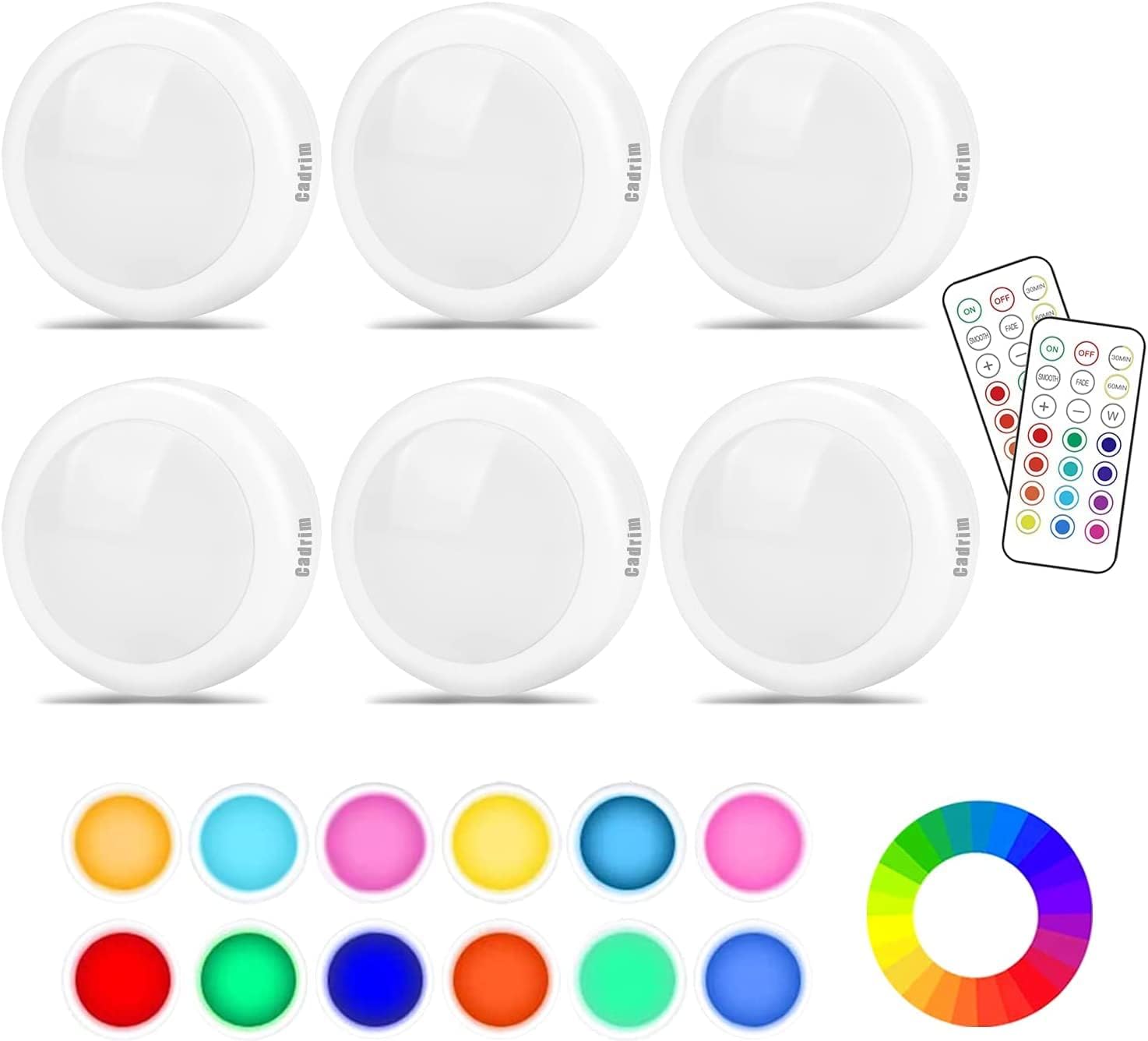 Cadrim Puck Lights, 13 Colors Changeable LED Puck Lightings, LED Lights for Bedroom, Under Cabinet Lights, Under Cabinet Lighting with 2 Wireless Remote Controls for Kitchen(6 Pack)